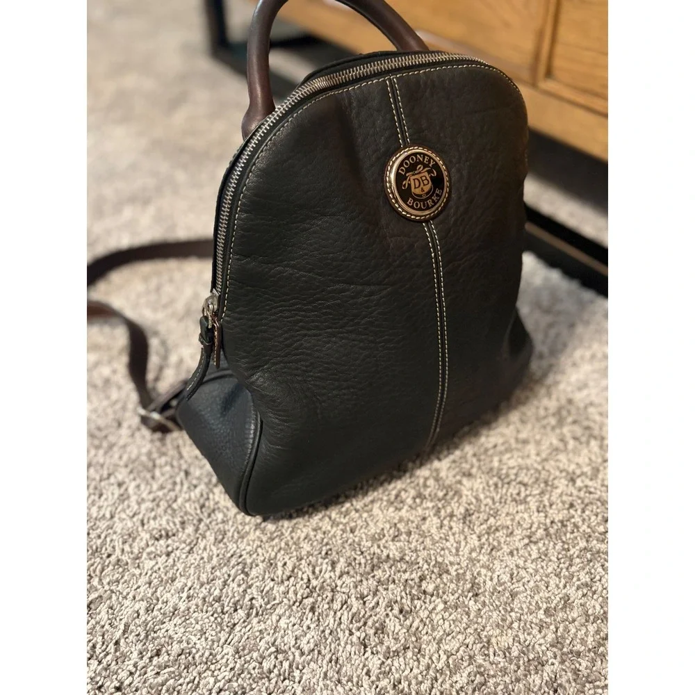 Dooney & Bourke Vintage Black Pebbled Leather Dome Backpack Brown Straps